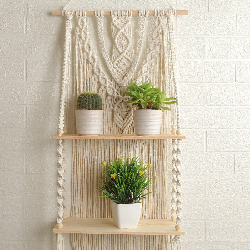 Decorative Macramé Wall Shelf with Dual Plant Holders Siopsrl