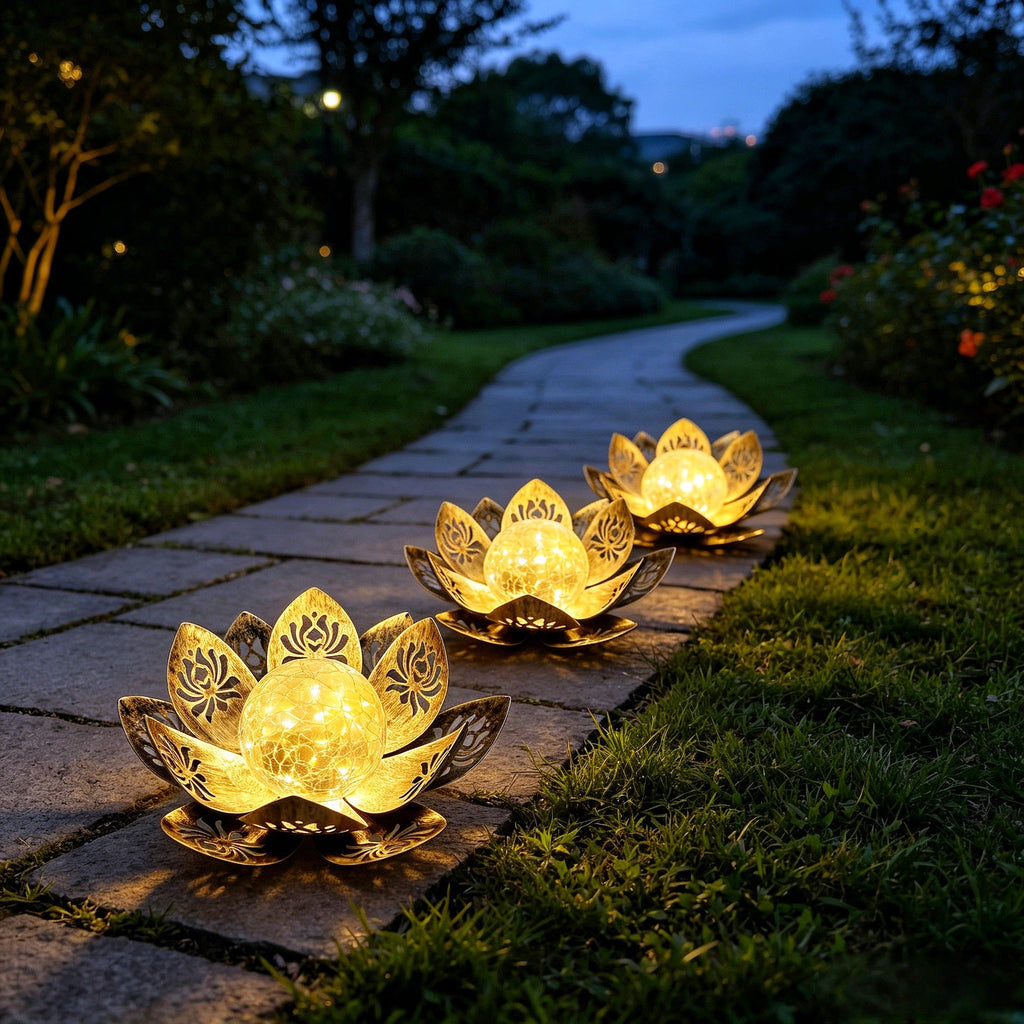 Decorative Solar Lotus LED Garden Lantern With Crackle Glass Globe And Laser-Cut Metal Petals Siopsrl