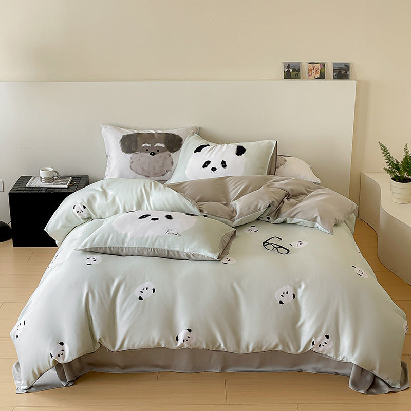 Reversible cotton satin bedding set with minimalist panda faces
