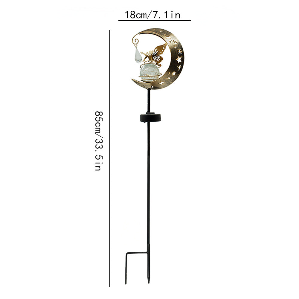 Decorative Crescent Moon Solar Garden Stake Lamp With Hanging Crystal Orb And Butterfly Siopsrl