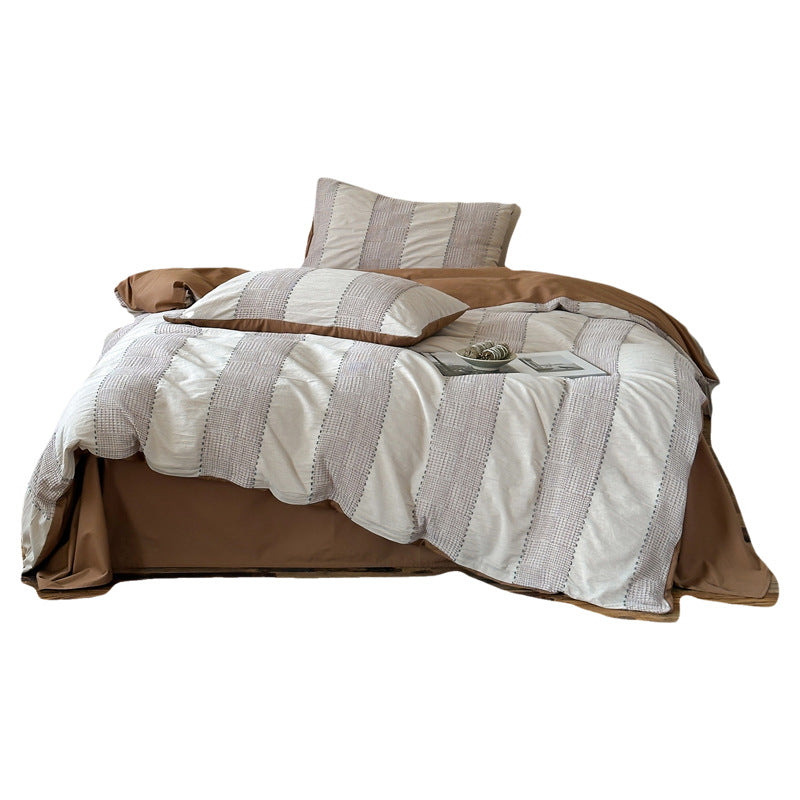 Bedding set made of cotton with woven stripes and integrated fitted sheet