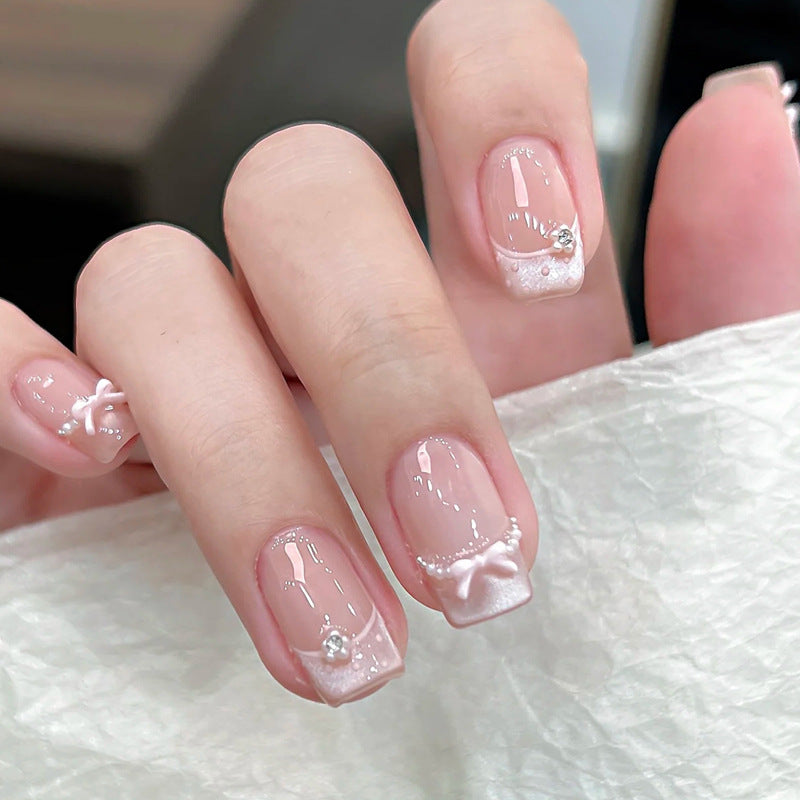 Siopsrl | Elegant French Tip Press-On Nail Art with Bow Accents Siopsrl