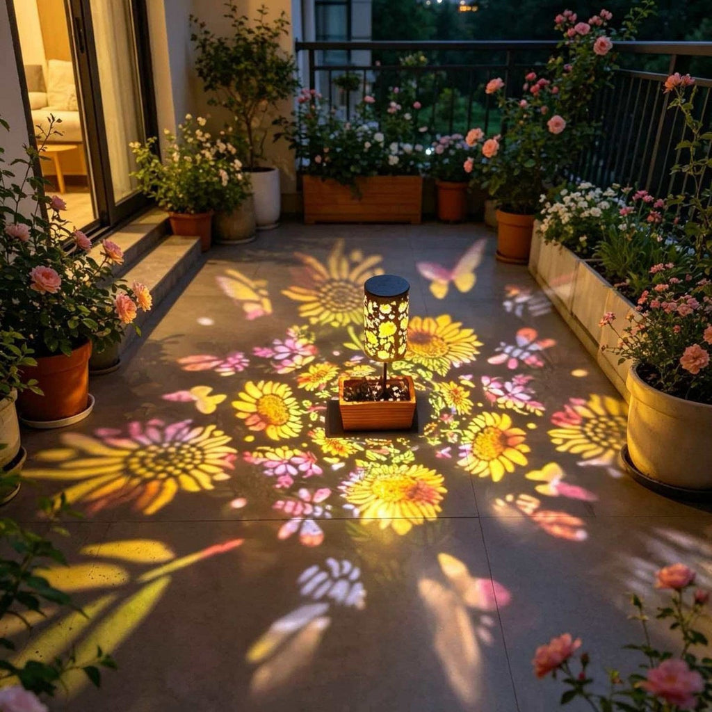 Solar Projection Lantern With Sunflower Floral Metal Cylinder And Hanging Handle Siopsrl
