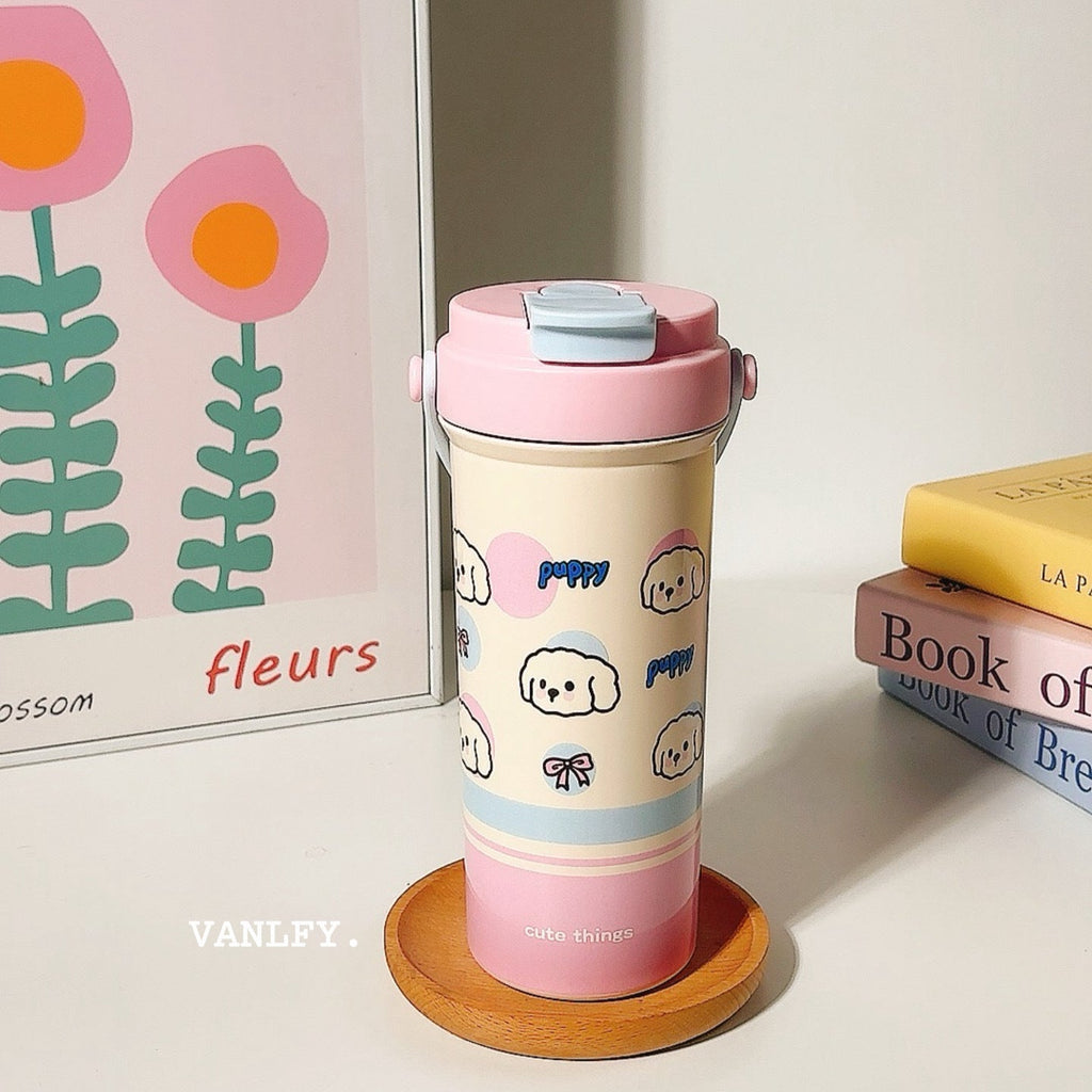 Siopsrl | Women's insulated drinking cup with secure flip lid and cute dog design Siopsrl