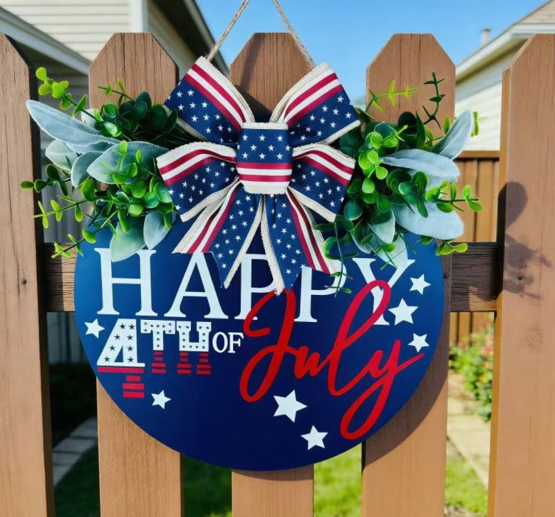 Siopsrl | Unisex nan Patriotic Round Wooden Door Sign with Bow and Faux Greenery Siopsrl