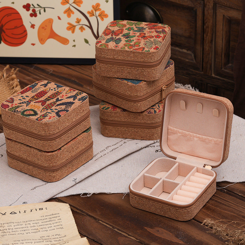 Siopsrl | Compact Floral Cork Jewelry Travel Organizer Case Siopsrl