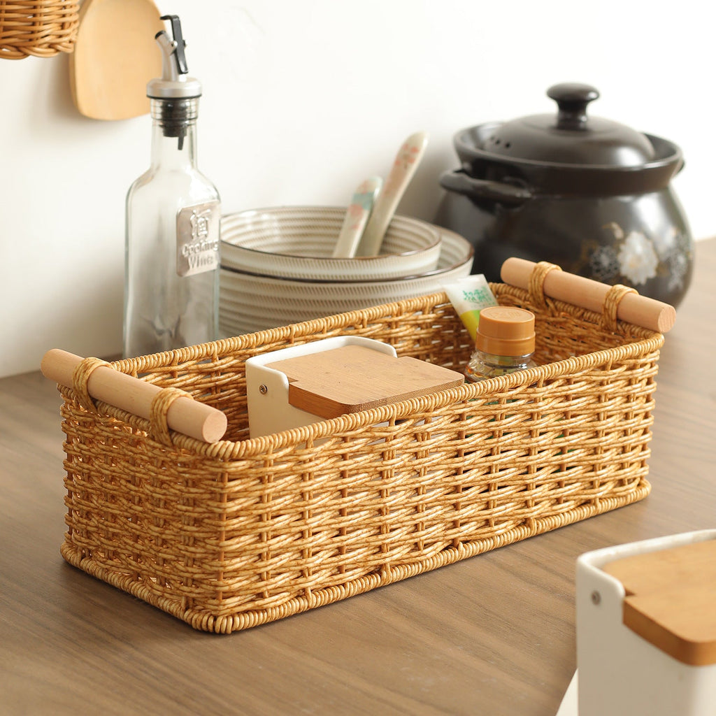 Rectangular Woven Storage Basket with Wooden Handles