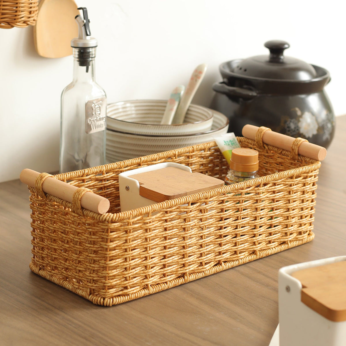 Rectangular Woven Storage Basket with Wooden Handles