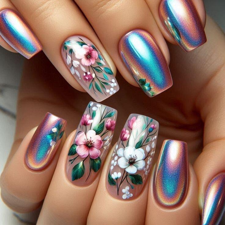 Siopsrl | Artificial nails with elegant floral designs and holographic effect Siopsrl