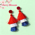 Women's nan tiered fringe tassel statement drop earrings with glitter disc stud and layered silk-like threads Siopsrl