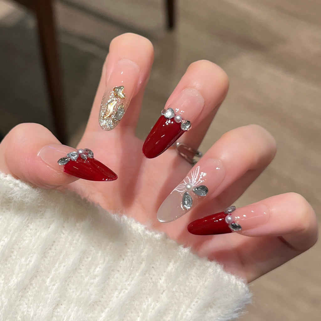 Siopsrl | Decorative Press-On Nails with Gem Accents Siopsrl