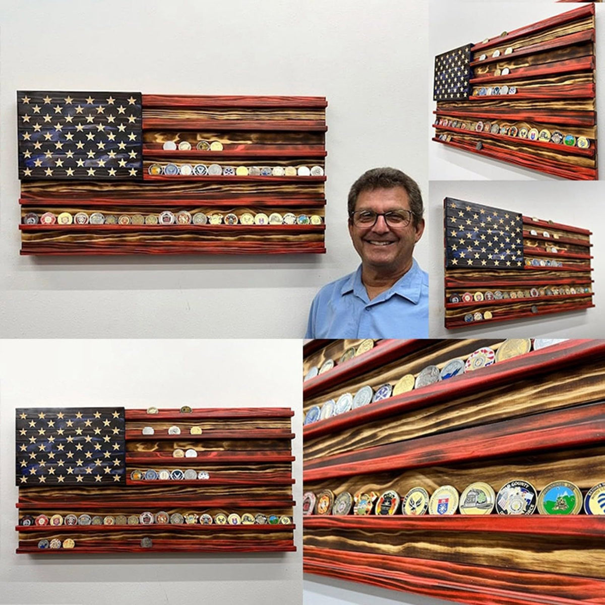 Unisex nan wall showcase for challenge coins in flag design made of rustic solid wood Siopsrl