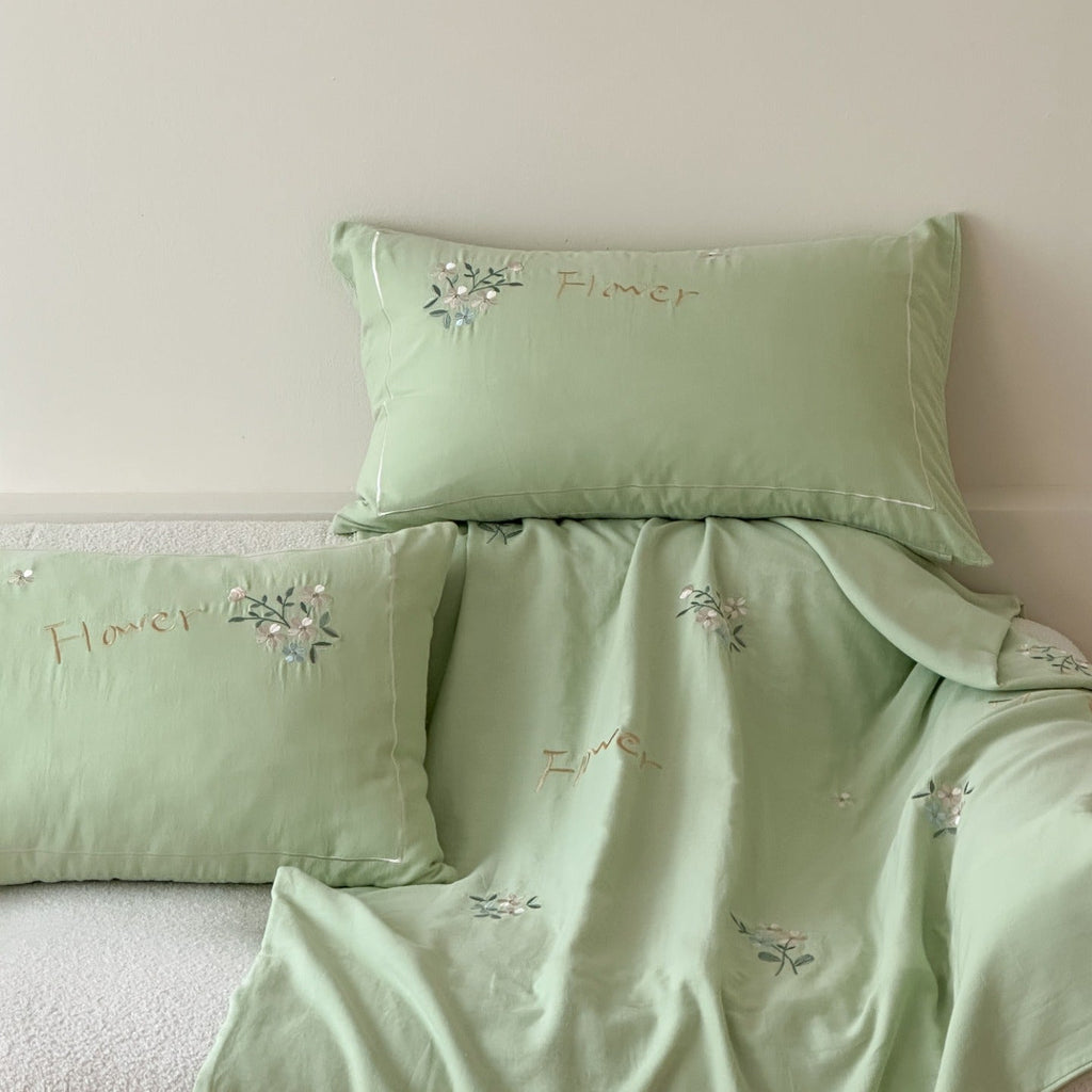 Delicate embroidered cotton bedding set with gentle botanical embroidery and bow ties Bowlift