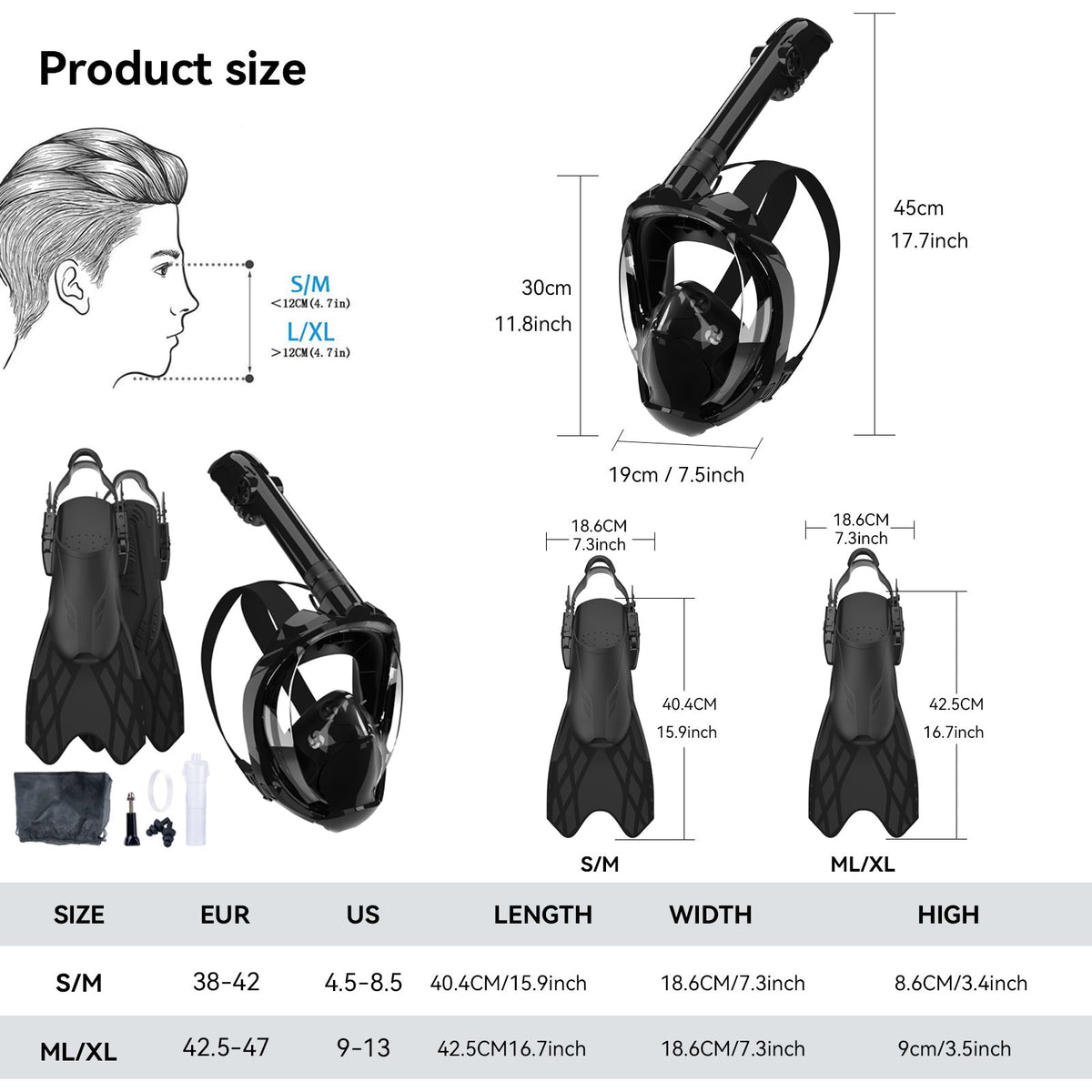 Siopsrl | Snorkeling equipment with highly flexible fins and full face mask Siopsrl