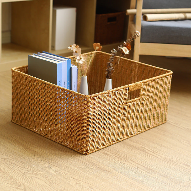 Large Handwoven Rectangular Storage Basket with Cutout Handles Siopsrl