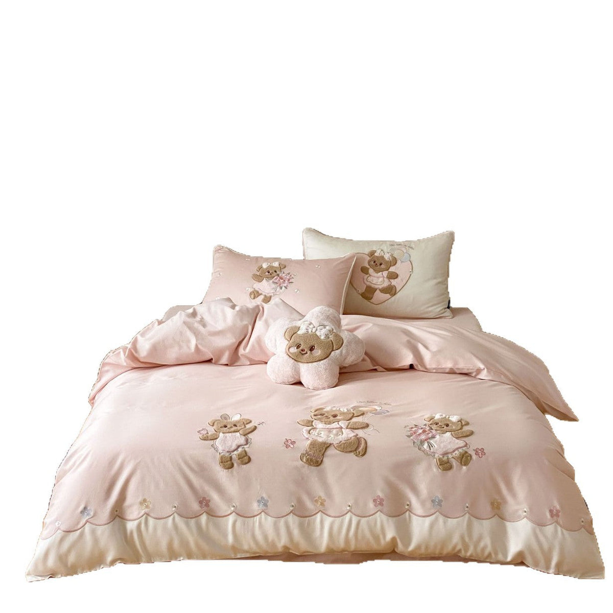 Children's bedding set with embroidered teddy bear appliqués and silky-soft cotton satin Bowlift