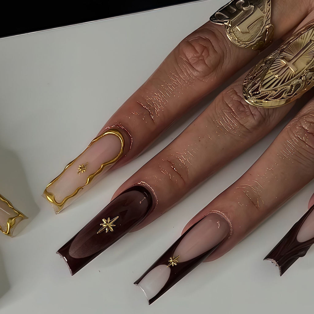 Siopsrl | Artistic Sculpted Press-On Nails with Gold Accents Siopsrl