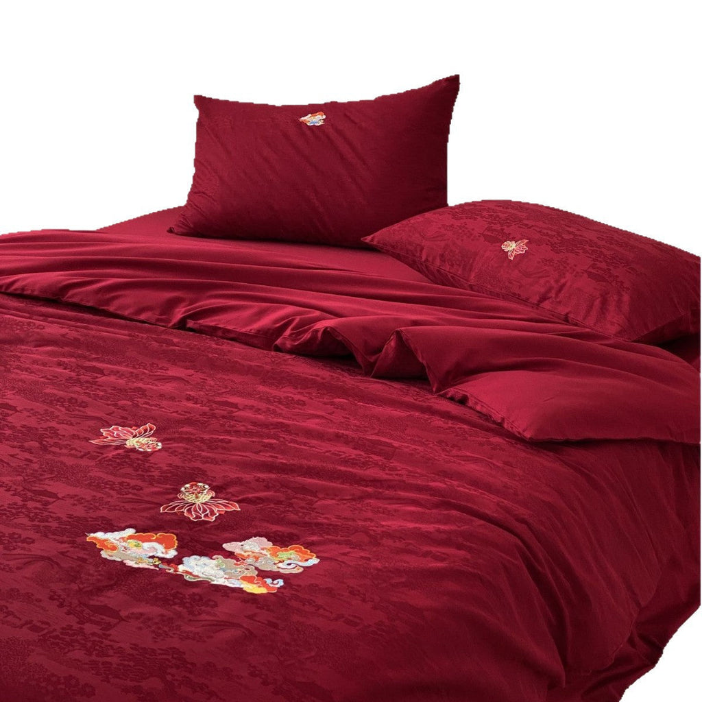 Premium bedding set made of Mako cotton satin with floral jacquard structure and embroidered applications Bowlift