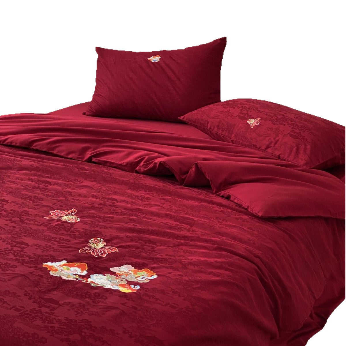Premium bedding set made of Mako cotton satin with floral jacquard structure and embroidered applications Bowlift