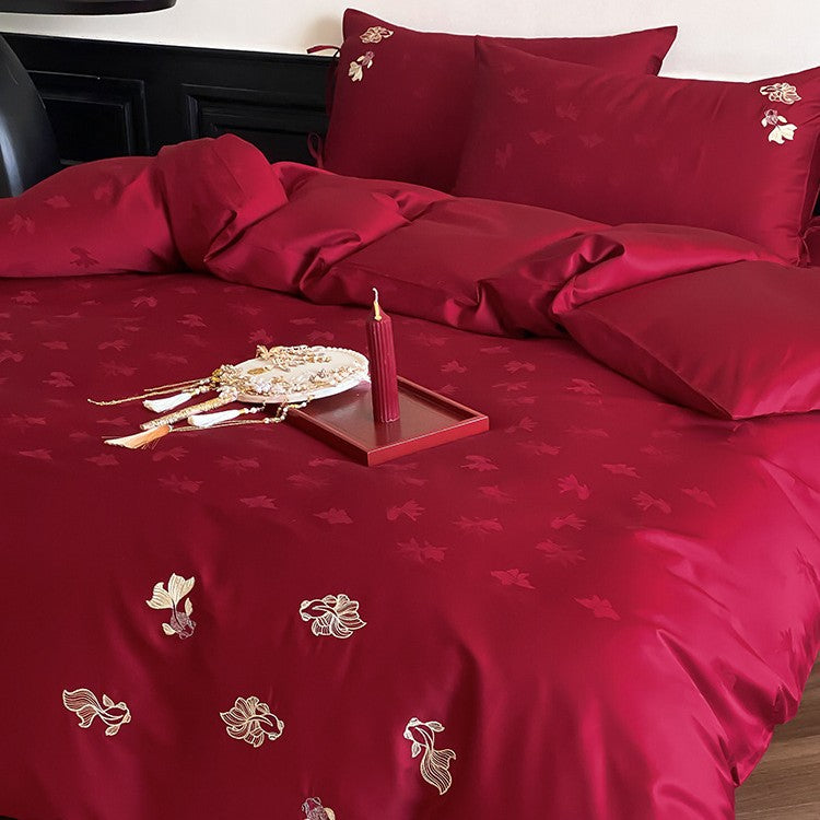 Luxurious satin bedding set with fine floral embroidery