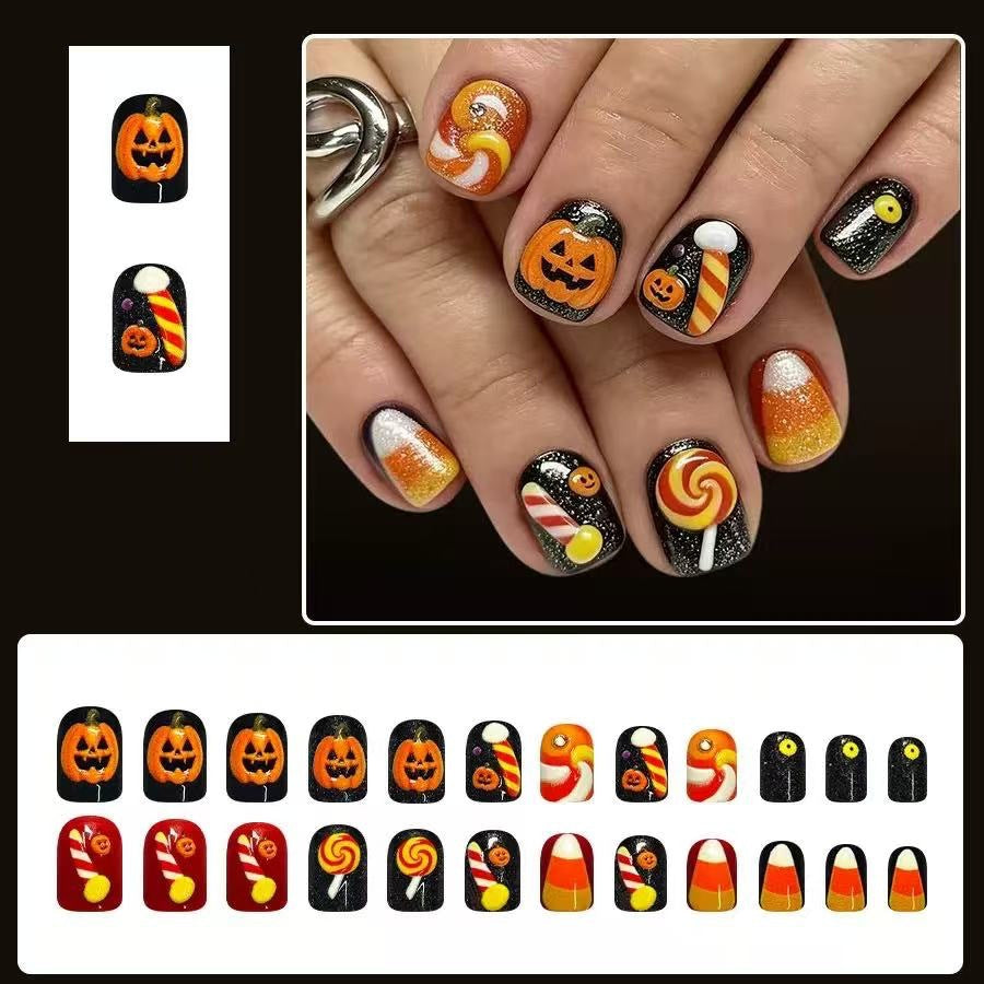 Siopsrl | Halloween Fake Nail Set with playful pumpkin and candy motifs Siopsrl