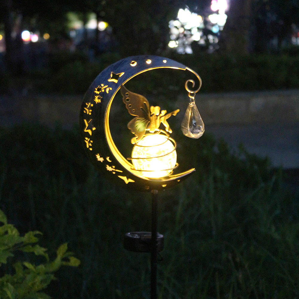 Decorative Crescent Moon Solar Garden Stake Lamp With Hanging Crystal Orb And Butterfly Siopsrl
