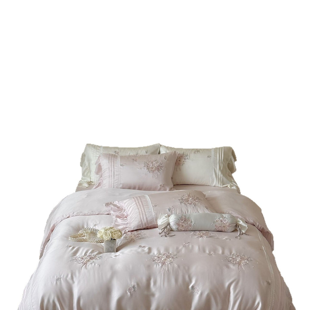 Fine glossy satin bedding set with embroidered rose bouquets and decorative pillow roll Bowlift