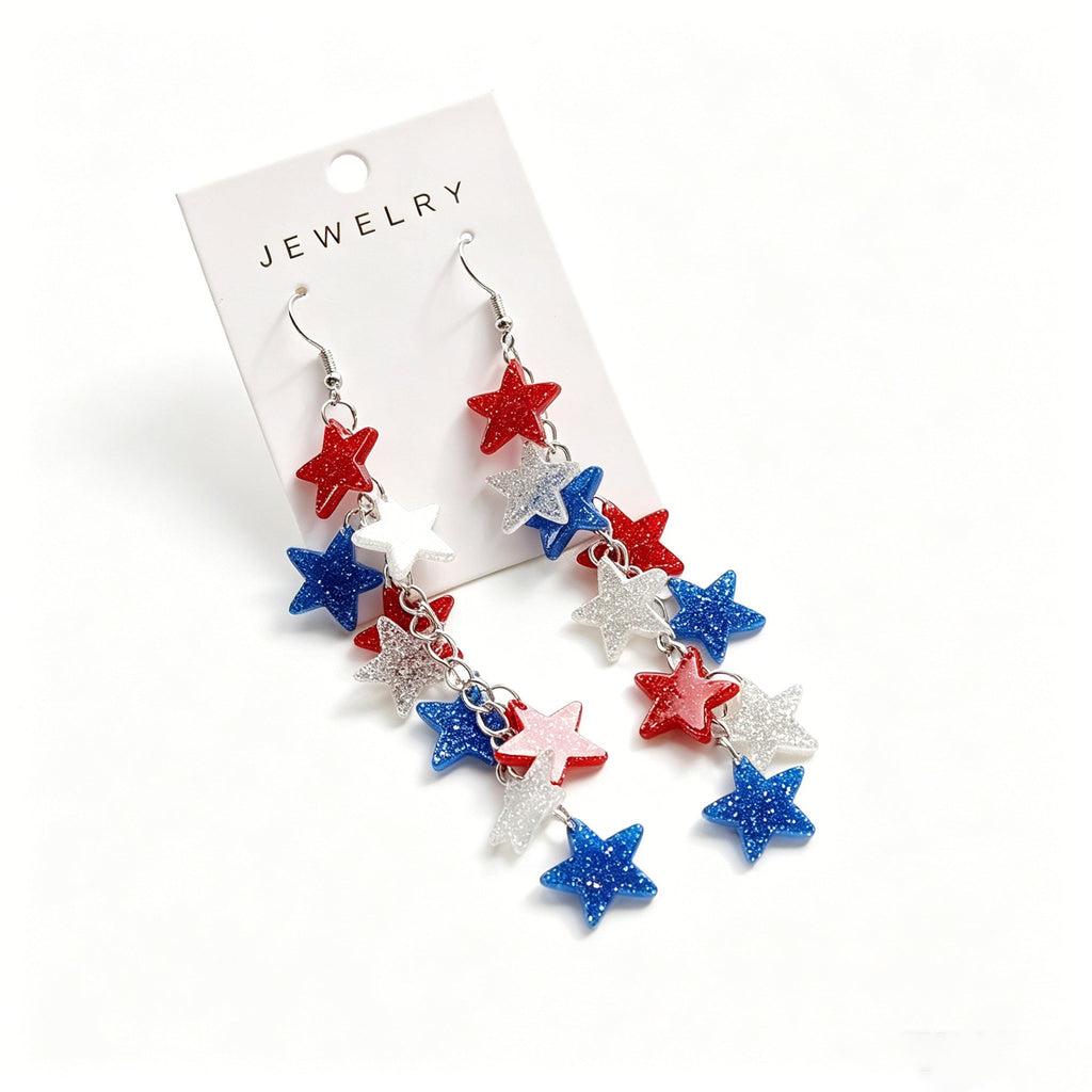 Women's long statement earrings with multi-layered star pendants and fishhook clasp Siopsrl