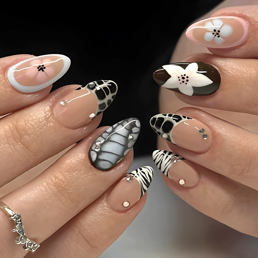 Siopsrl | Artistic Press-On Nail Set with Floral and Textured Design Siopsrl