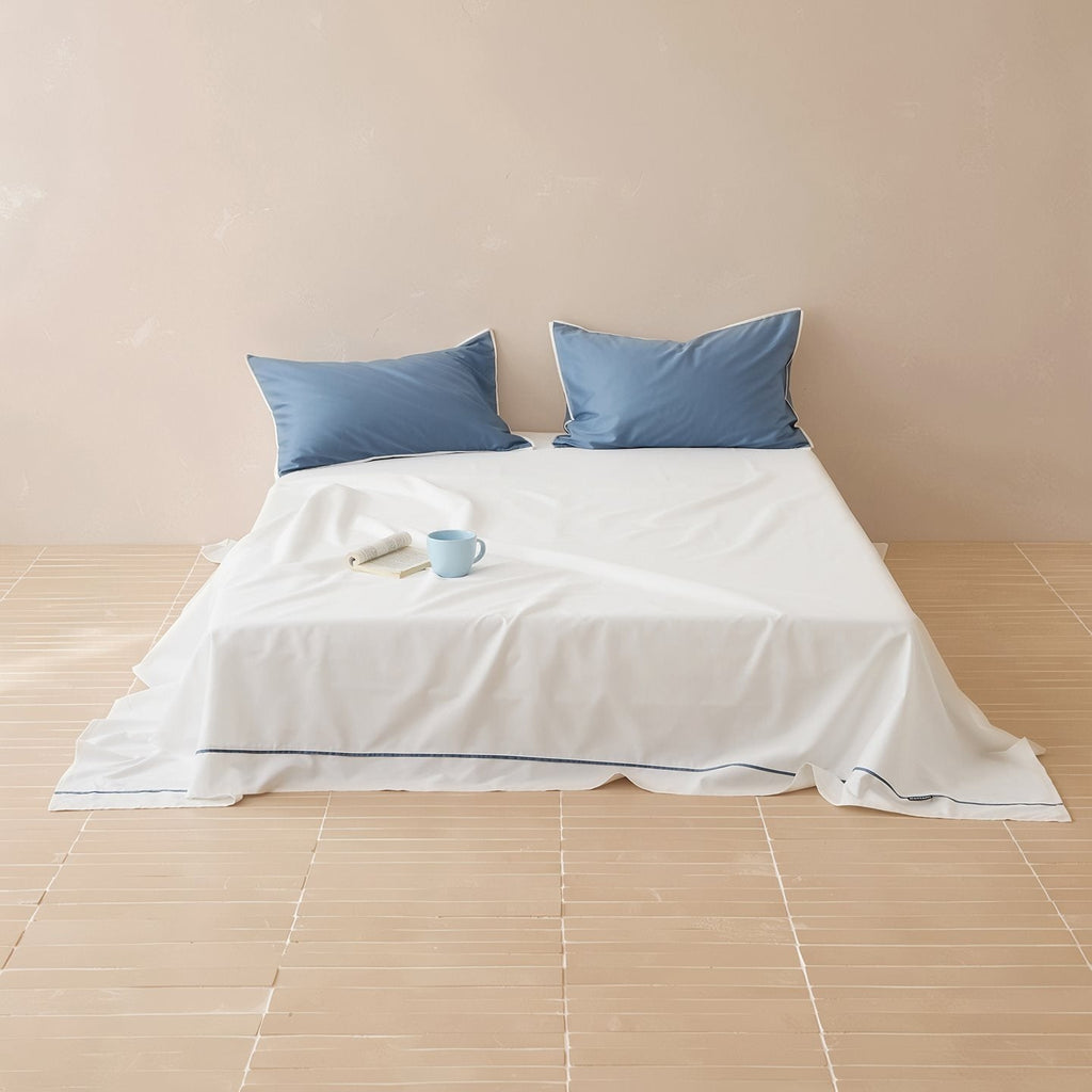 Noble cotton satin bed sheet and pillowcase set with fine piping