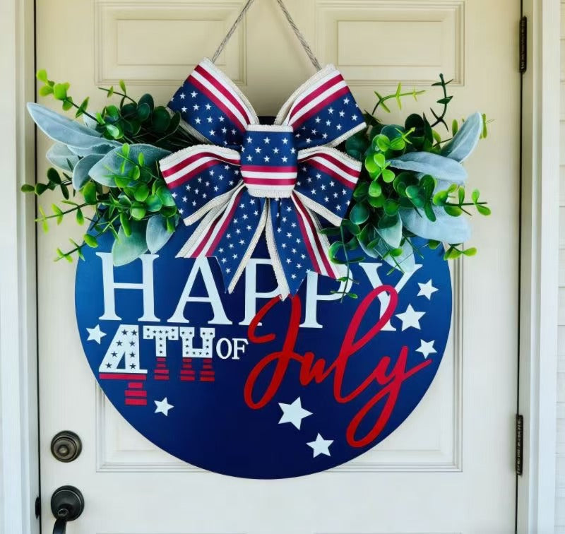 Siopsrl | Unisex nan Patriotic Round Wooden Door Sign with Bow and Faux Greenery Siopsrl