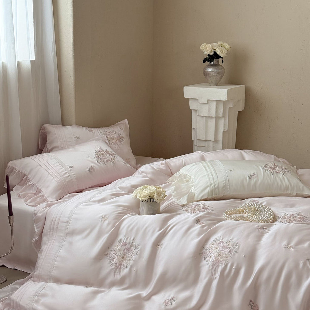 Fine glossy satin bedding set with embroidered rose bouquets and decorative pillow roll Bowlift