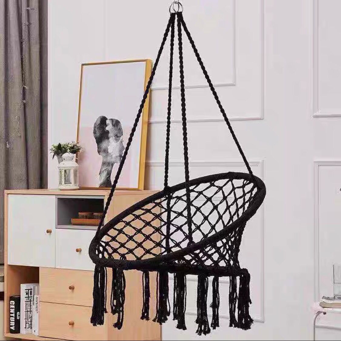 Boho macrame hanging swing chair with faux fur cushion and fringe Siopsrl