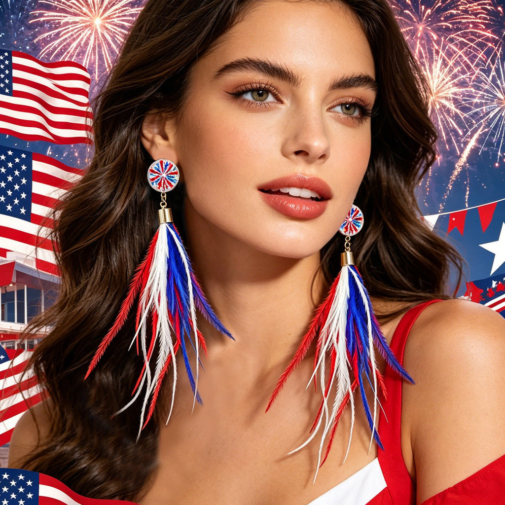 Siopsrl | Ladies long feather earrings with tassels, round cabochon stud and nickel-free setting Siopsrl