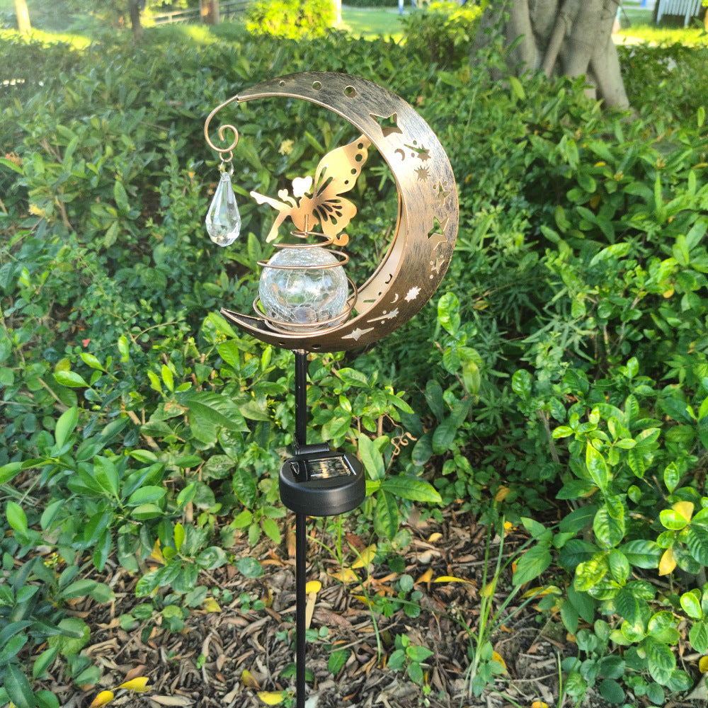 Decorative Crescent Moon Solar Garden Stake Lamp With Hanging Crystal Orb And Butterfly Siopsrl