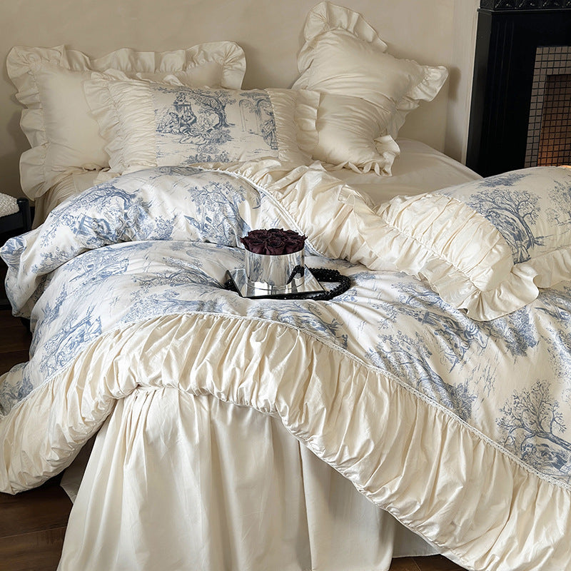 Luxurious bedding set made of cotton blend with toile landscape print, frill, and ruffles