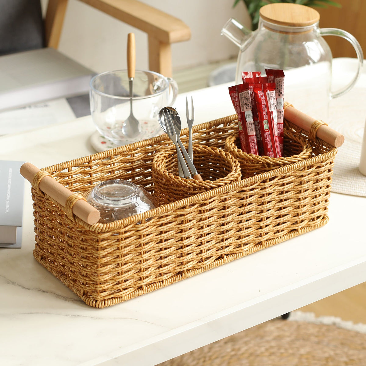 Rectangular Woven Storage Basket with Wooden Handles