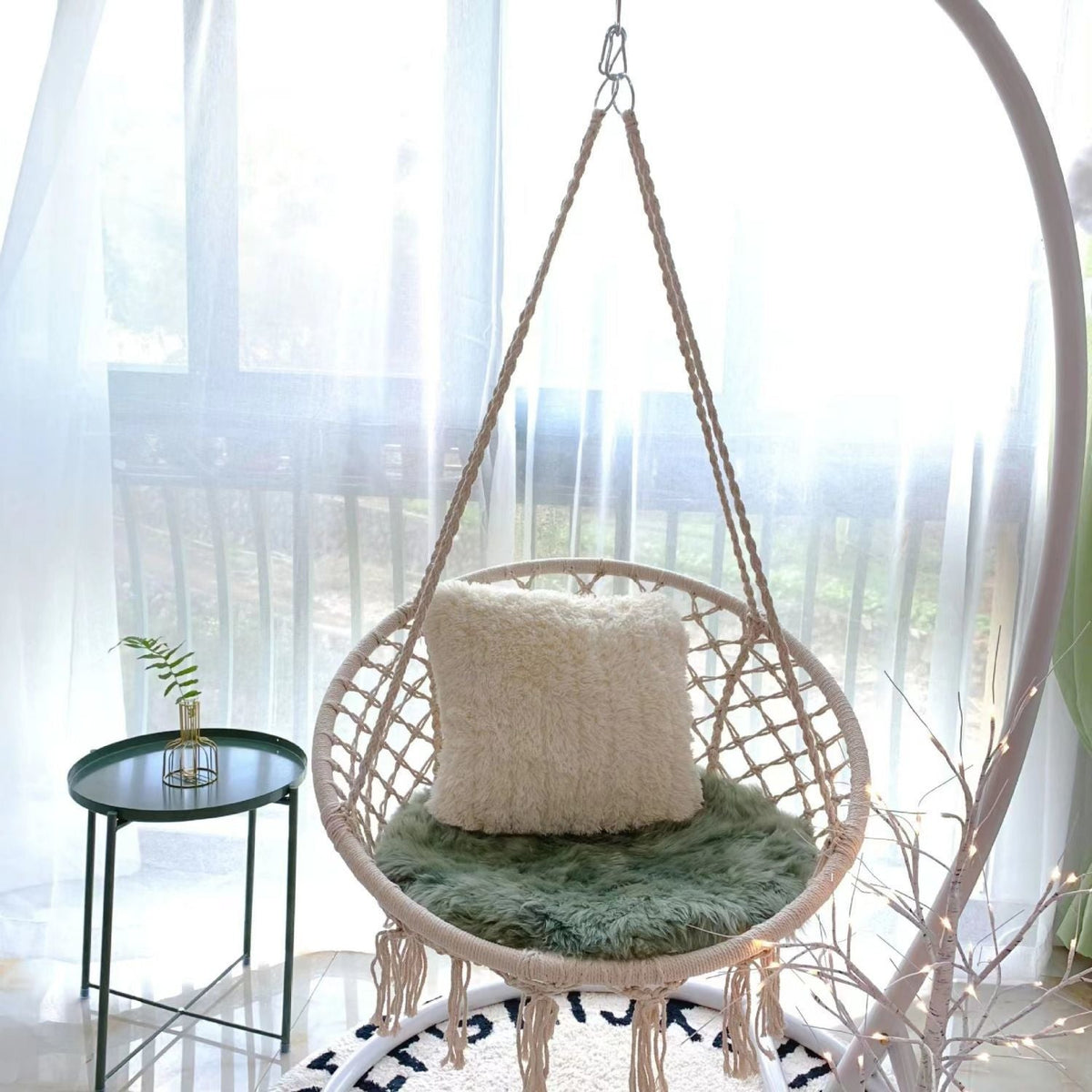 Boho macrame hanging swing chair with faux fur cushion and fringe Siopsrl