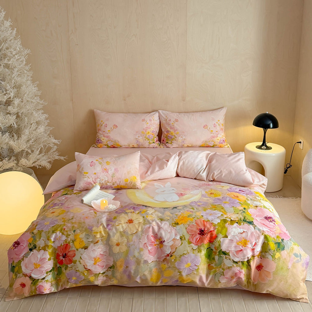 Romantic satin bedding set with floral watercolor illustration and moon bunny application Bowlift