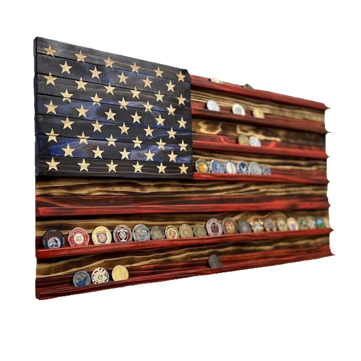 Unisex nan wall showcase for challenge coins in flag design made of rustic solid wood Siopsrl