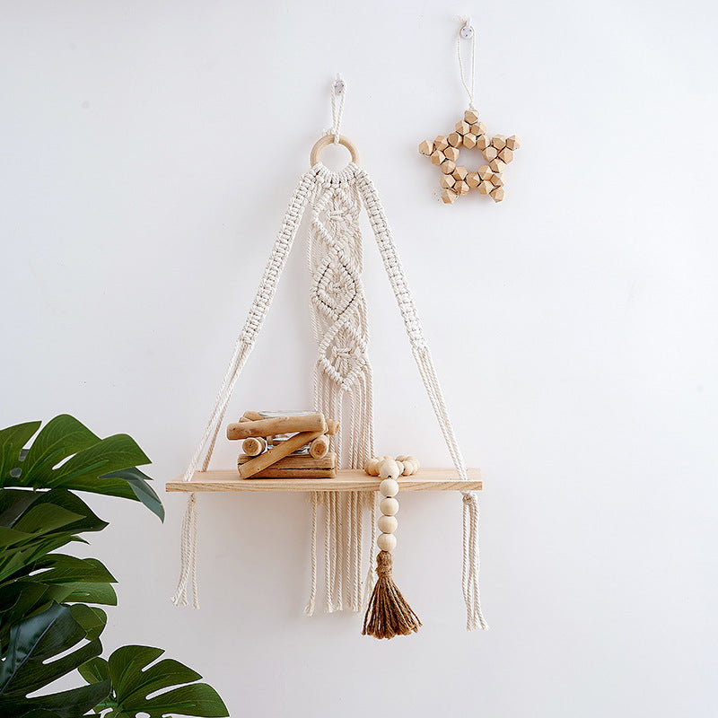 Macramé Hanging Shelf with Natural Wood Base Siopsrl