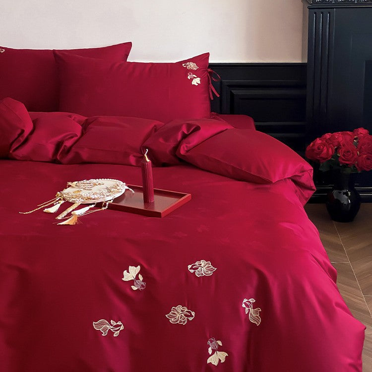 Luxurious satin bedding set with fine floral embroidery