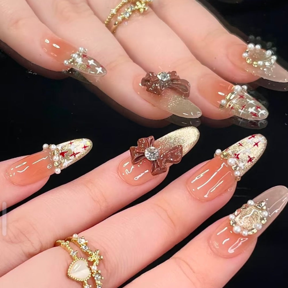Siopsrl | Decorative Bow and Gemstone Press-On Nails Siopsrl