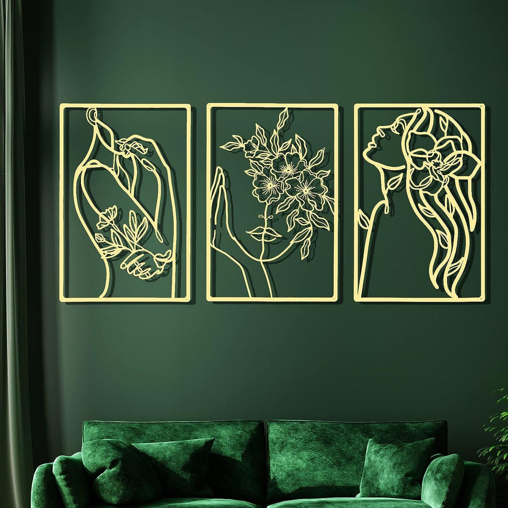 Minimalist Metal Line Art Floral Portrait Triptych Wall Panels Siopsrl