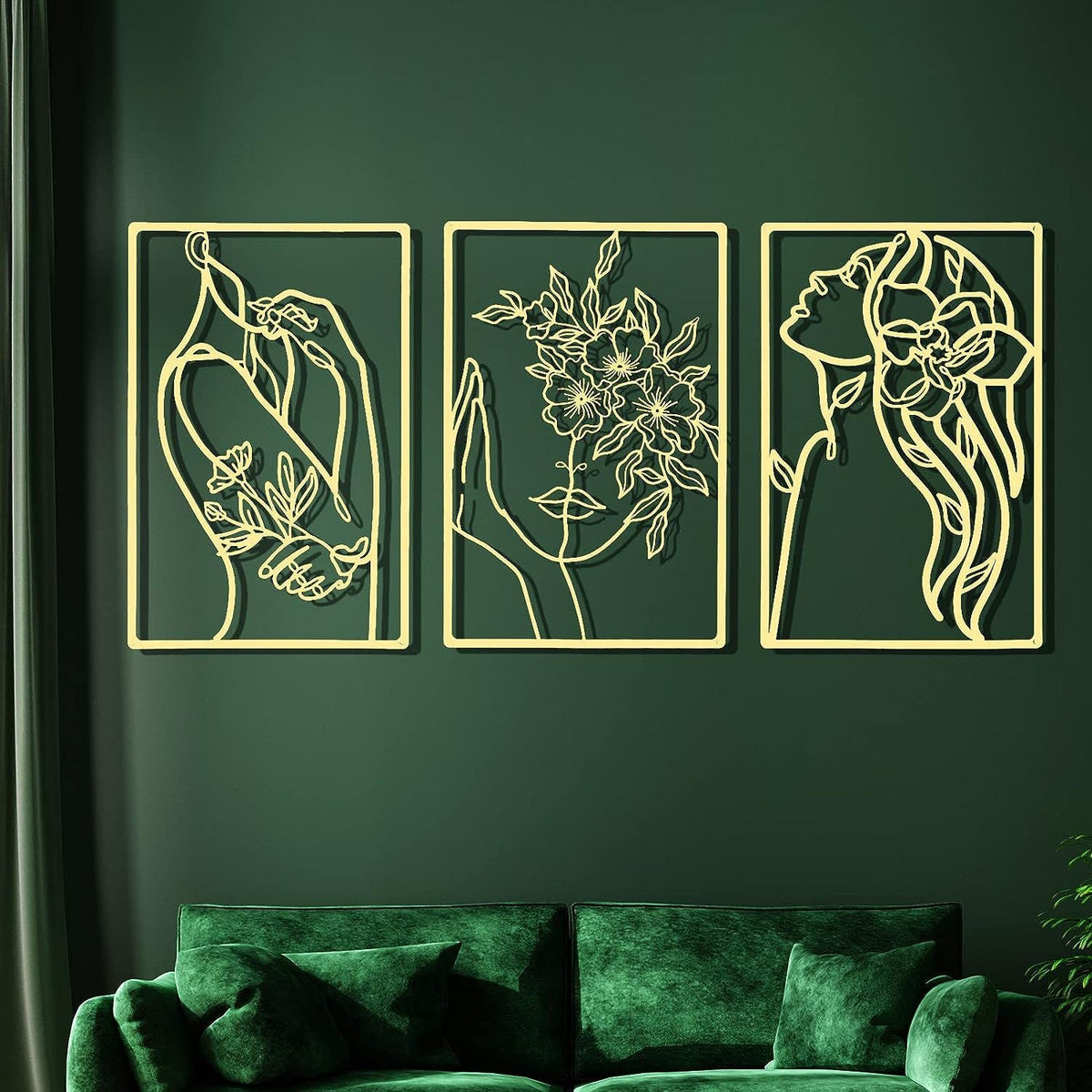 Minimalist Metal Line Art Floral Portrait Triptych Wall Panels Siopsrl