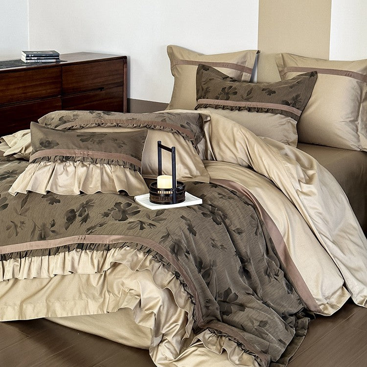 Romantic cotton satin bedding set with ruffle and floral jacquard structure