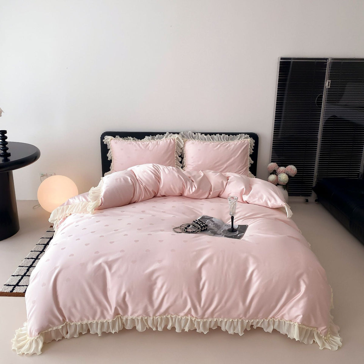 Luxurious satin bedding set with ruffles and subtle heart print Bowlift