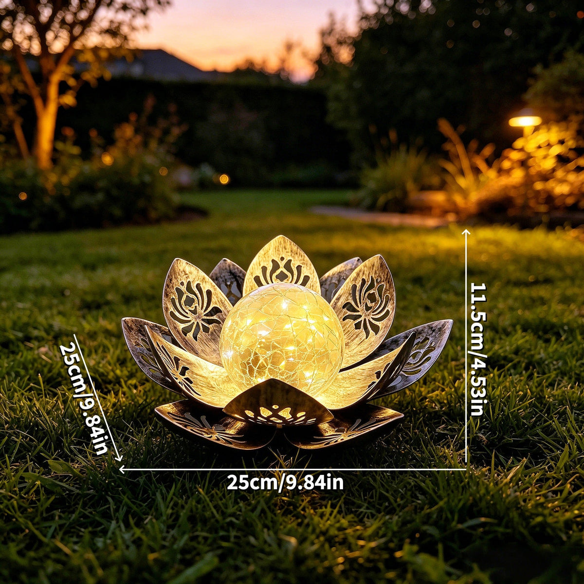 Decorative Solar Lotus LED Garden Lantern With Crackle Glass Globe And Laser-Cut Metal Petals Siopsrl