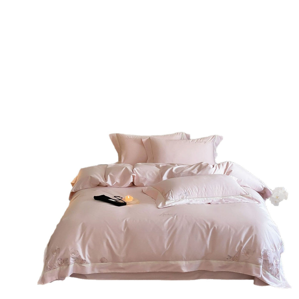 Silk-gloss bed linen set with embroidered rose border Bowlift