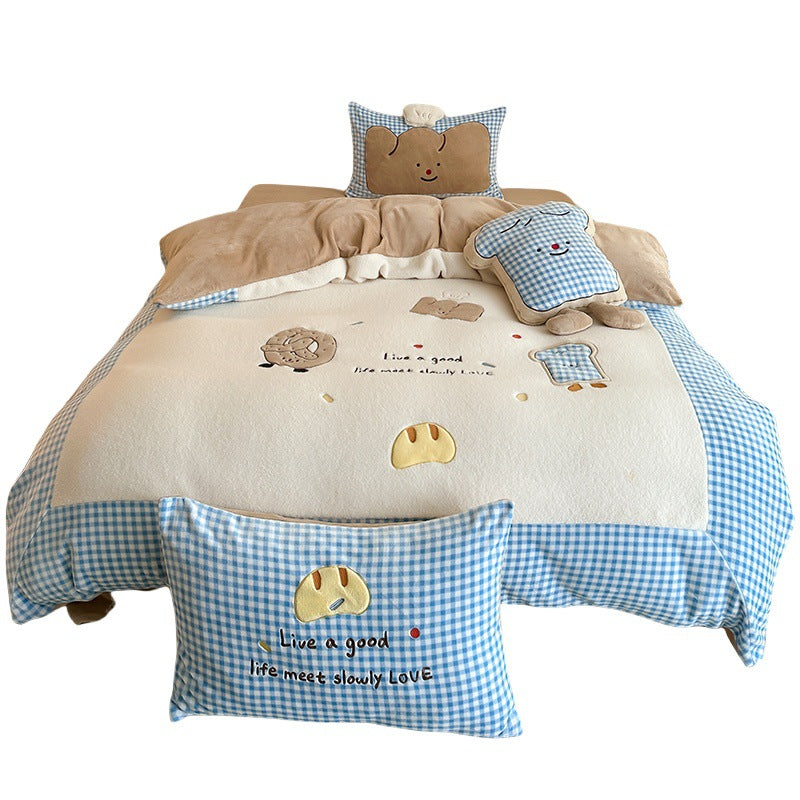 Children's bedding set with quilted cozy blanket, plush decorative pillow, and vichy check trim